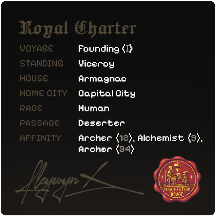 가문과 본거지, Affinity 등 특성을 보여주는 공식 Founding Charter NFT 예시